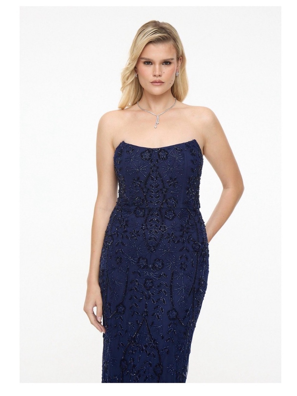 Embellished Beaded Maxi Strapless Dress Navy
